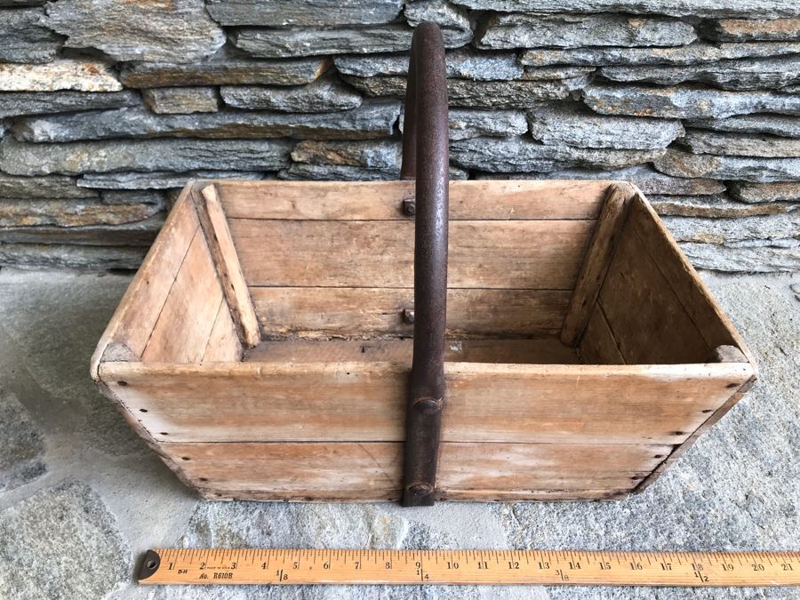 Antique Primitive Wooden Basket With Wrought Iron Curved Handle 18'W X 9'D X 15'H [Photo 2]