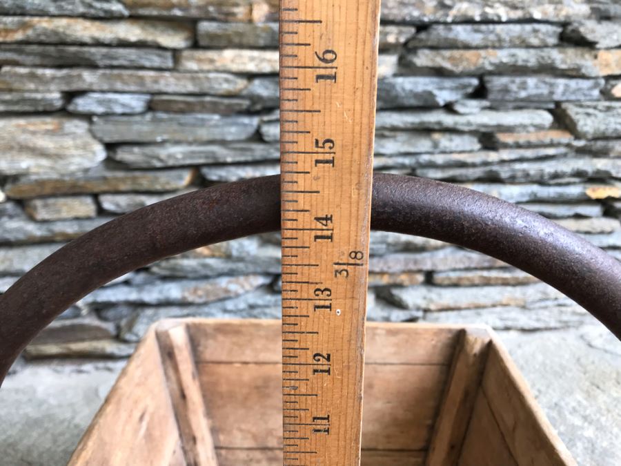 Antique Primitive Wooden Basket With Wrought Iron Curved Handle 18'W X 9'D X 15'H [Photo 18]