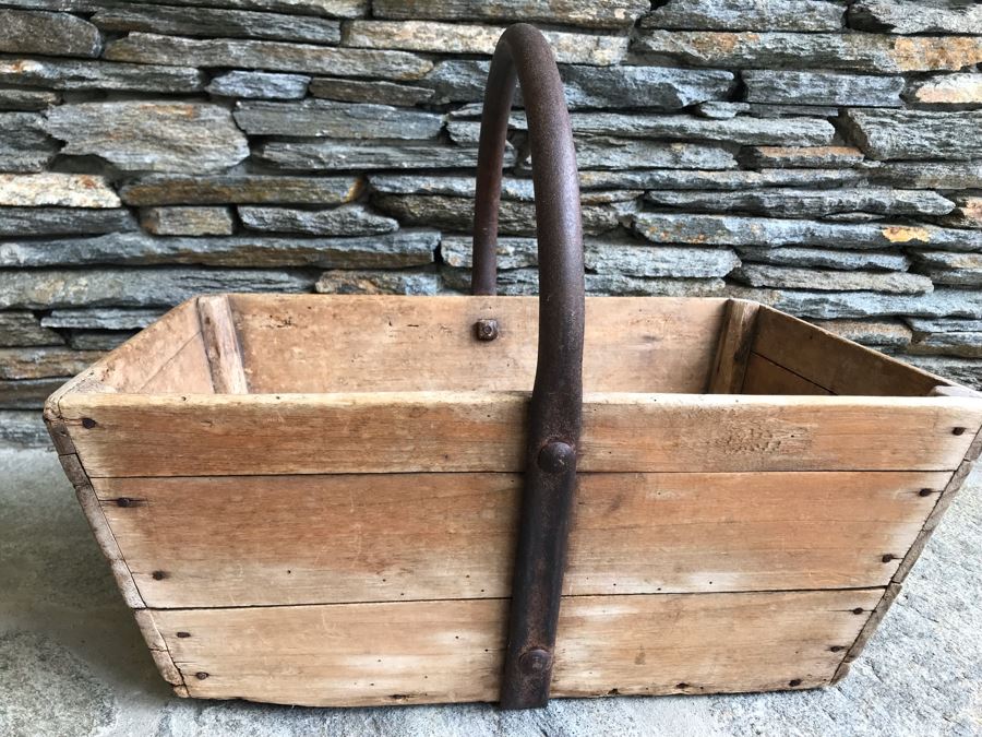 Antique Primitive Wooden Basket With Wrought Iron Curved Handle 18'W X 9'D X 15'H [Photo 10]
