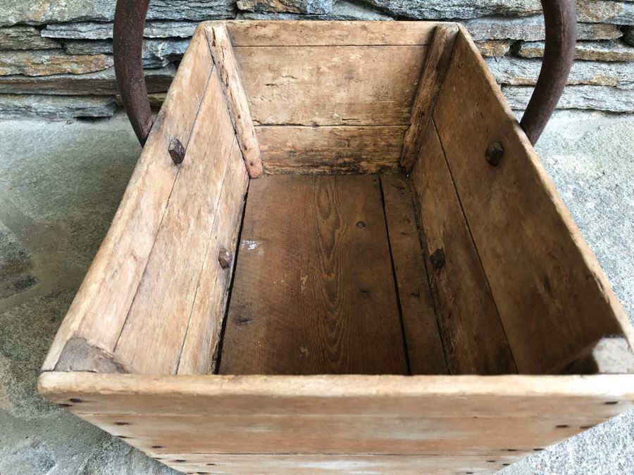 Antique Primitive Wooden Basket With Wrought Iron Curved Handle 18'W X 9'D X 15'H [Photo 6]