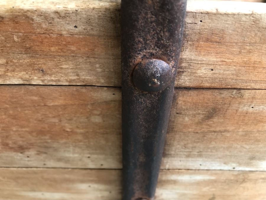 Antique Primitive Wooden Basket With Wrought Iron Curved Handle 18'W X 9'D X 15'H [Photo 11]