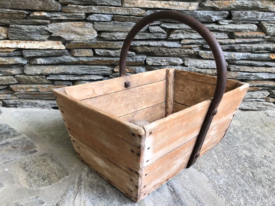 Antique Primitive Wooden Basket With Wrought Iron Curved Handle 18'W X 9'D X 15'H [Photo 4]