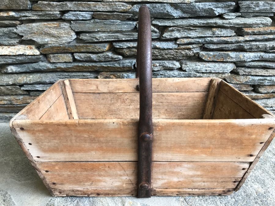 Antique Primitive Wooden Basket With Wrought Iron Curved Handle 18'W X 9'D X 15'H [Photo 3]