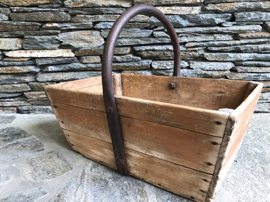 Antique Primitive Wooden Basket With Wrought Iron Curved Handle 18'W X 9'D X 15'H [Photo 8]