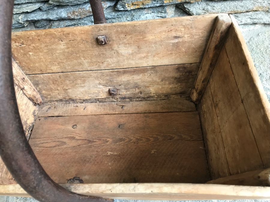 Antique Primitive Wooden Basket With Wrought Iron Curved Handle 18'W X 9'D X 15'H [Photo 13]