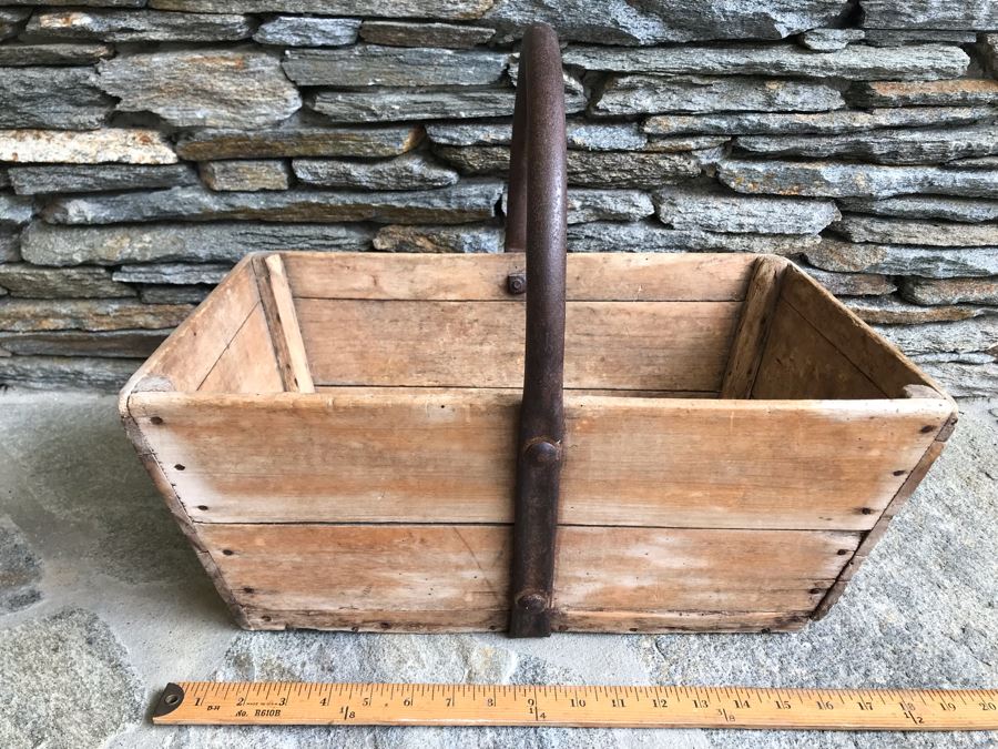 Antique Primitive Wooden Basket With Wrought Iron Curved Handle 18'W X 9'D X 15'H
