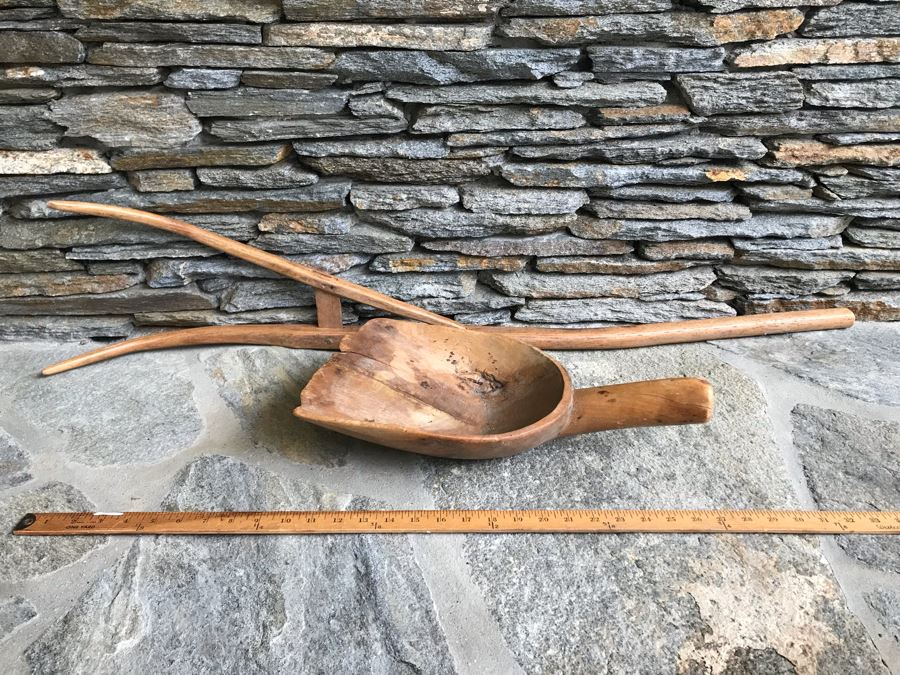 Antique Primitive Wooden Farm Kitchen Tools: Large Carved Wooden Scoop And Wooden Tiller Plow Rake [Photo 1]