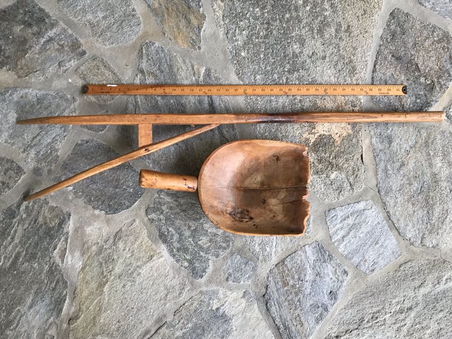 Antique Primitive Wooden Farm Kitchen Tools: Large Carved Wooden Scoop And Wooden Tiller Plow Rake [Photo 8]