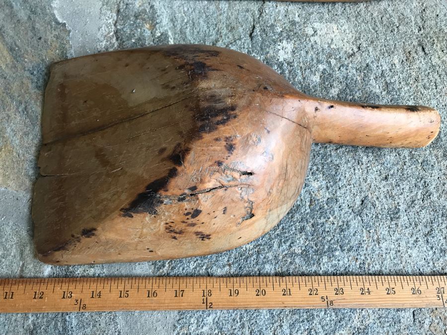 Antique Primitive Wooden Farm Kitchen Tools: Large Carved Wooden Scoop And Wooden Tiller Plow Rake [Photo 4]