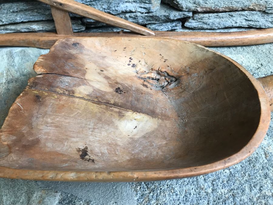 Antique Primitive Wooden Farm Kitchen Tools: Large Carved Wooden Scoop And Wooden Tiller Plow Rake [Photo 3]