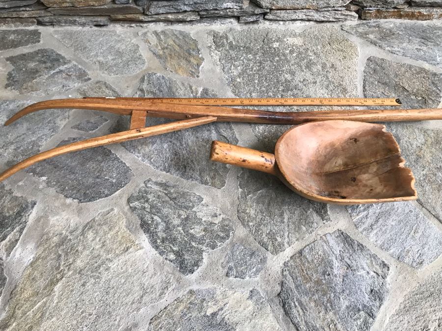 Antique Primitive Wooden Farm Kitchen Tools: Large Carved Wooden Scoop And Wooden Tiller Plow Rake [Photo 9]