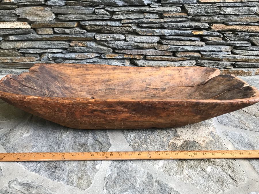 Large Antique Primitive Carved Wooden Dough Bowl 32'L [Photo 1]