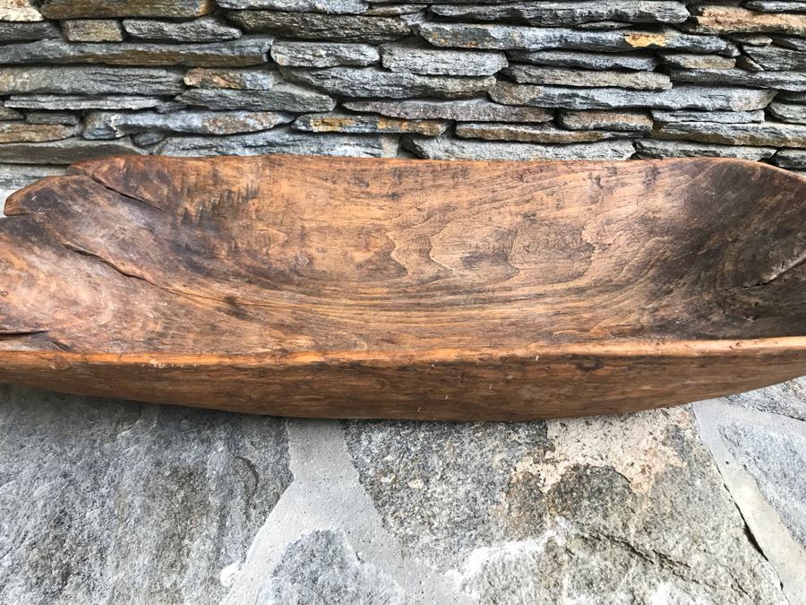 Large Antique Primitive Carved Wooden Dough Bowl 32'L [Photo 15]