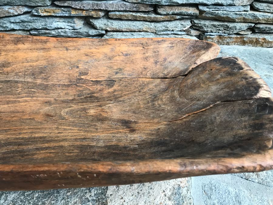 Large Antique Primitive Carved Wooden Dough Bowl 32'L [Photo 5]