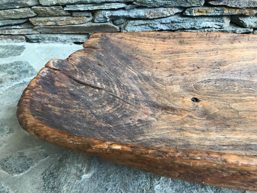 Large Antique Primitive Carved Wooden Dough Bowl 32'L [Photo 7]
