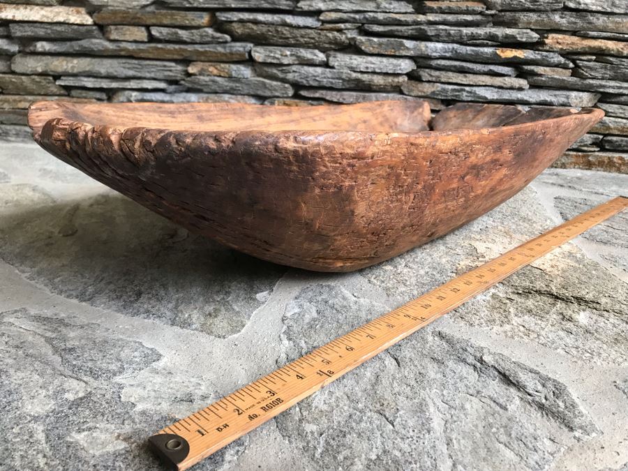 Large Antique Primitive Carved Wooden Dough Bowl 32'L [Photo 8]
