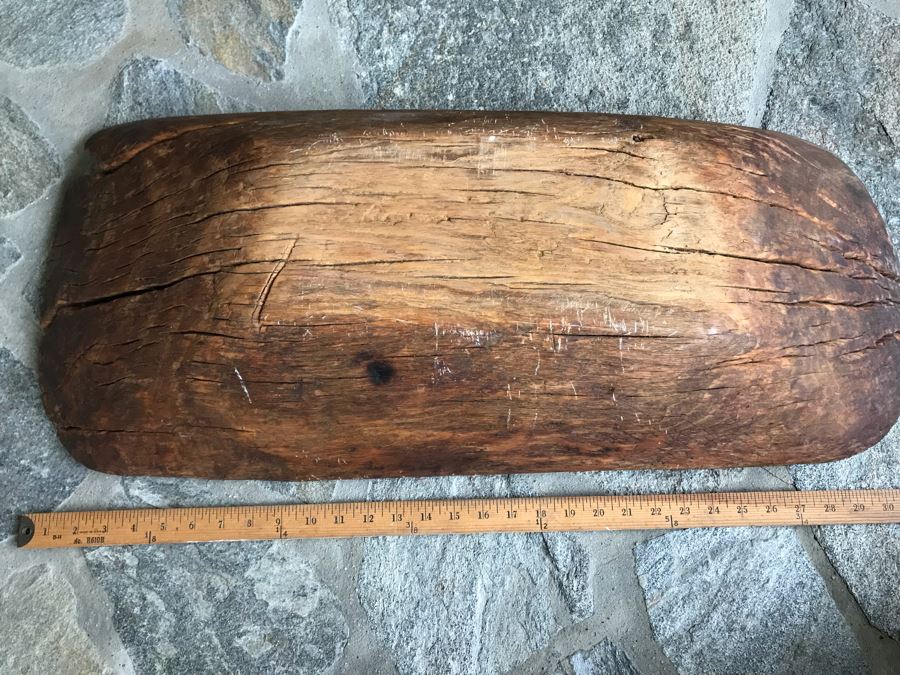 Large Antique Primitive Carved Wooden Dough Bowl 32'L [Photo 16]