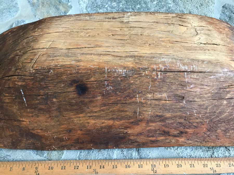 Large Antique Primitive Carved Wooden Dough Bowl 32'L [Photo 17]