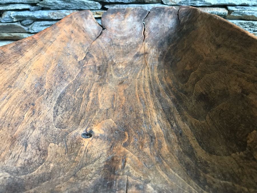 Large Antique Primitive Carved Wooden Dough Bowl 32'L [Photo 12]