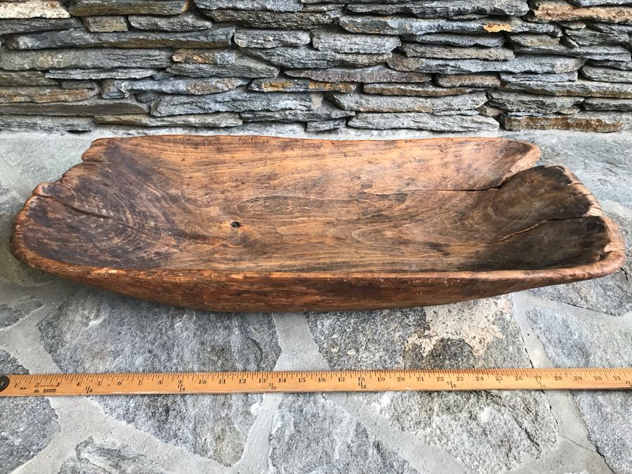 Large Antique Primitive Carved Wooden Dough Bowl 32'L [Photo 3]