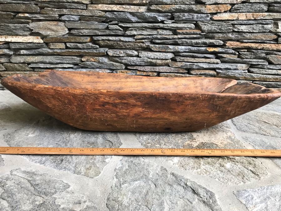 Large Antique Primitive Carved Wooden Dough Bowl 32'L [Photo 4]