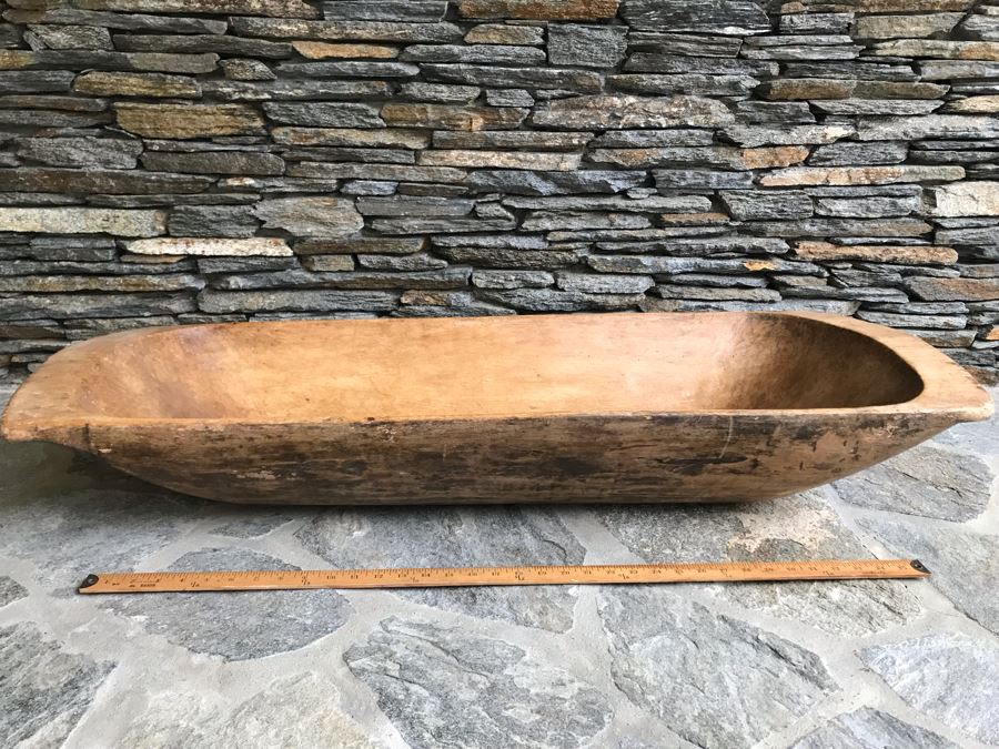 Huge Antique Primitive Carved Wooden Dough Bowl 43'L [Photo 3]