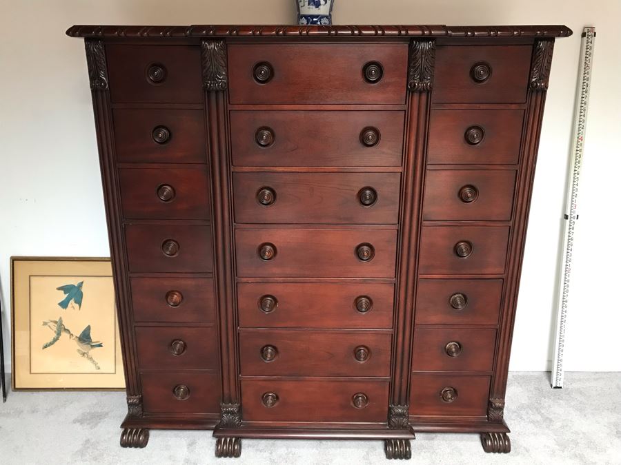 Ralph Lauren Gentleman's Mahogany 21-Drawer Chest Of Drawers Dresser - Estimate $5,000 65”W X 21”D X 64.5”H
