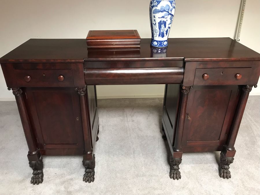 Stunning Mahogany Sideboard Buffet Table With Ornately Carved Claw Feet - Working Locks On Drawers And Cabinets - Have Skeleton Key [Photo 9]