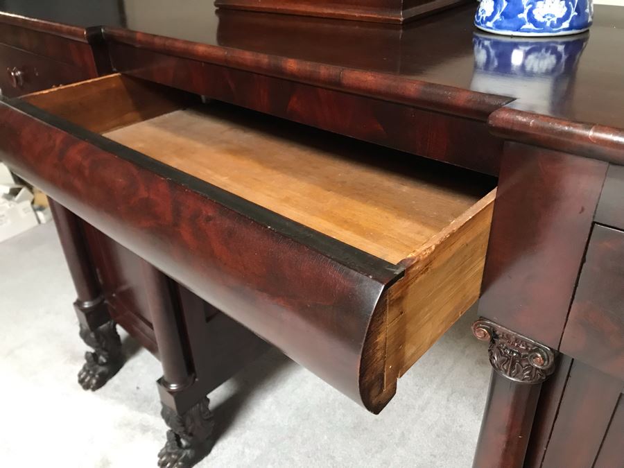 Stunning Mahogany Sideboard Buffet Table With Ornately Carved Claw Feet - Working Locks On Drawers And Cabinets - Have Skeleton Key [Photo 16]