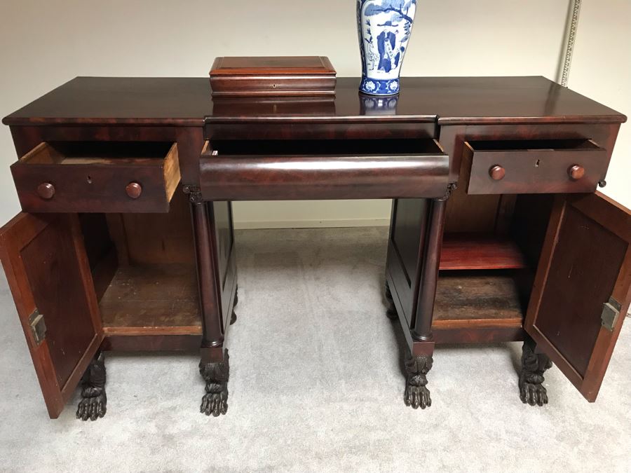 Stunning Mahogany Sideboard Buffet Table With Ornately Carved Claw Feet - Working Locks On Drawers And Cabinets - Have Skeleton Key [Photo 3]