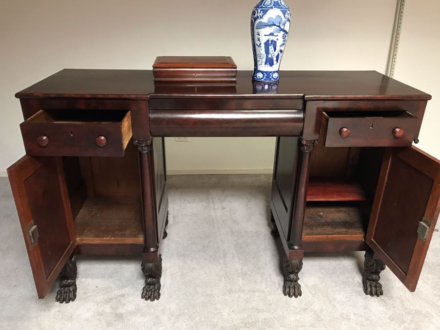 Stunning Mahogany Sideboard Buffet Table With Ornately Carved Claw Feet - Working Locks On Drawers And Cabinets - Have Skeleton Key [Photo 19]