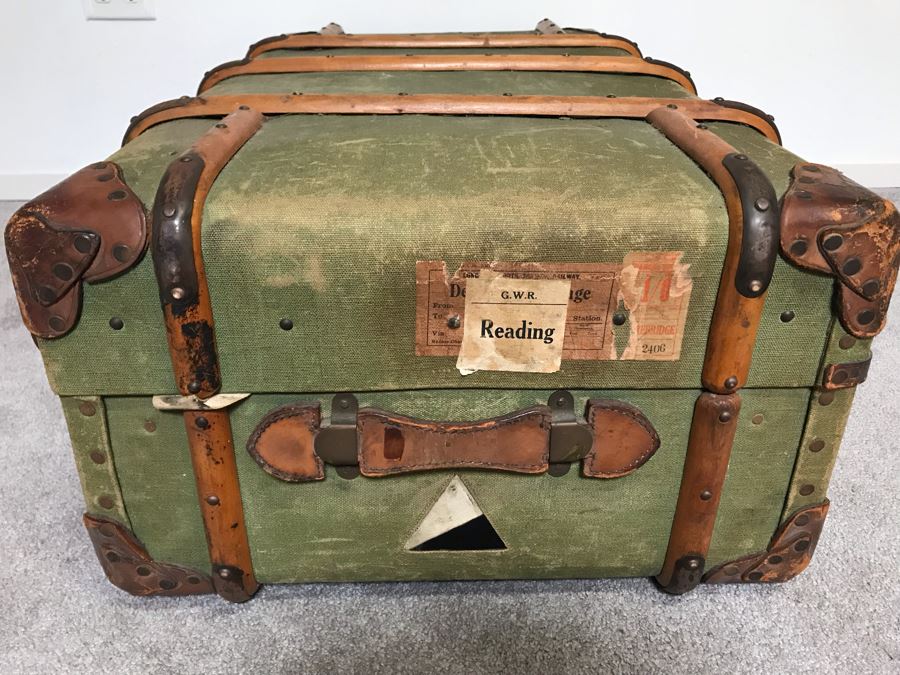 Vintage Canvas, Leather And Wooden Railroad Suitcase Luggage Baggage With Railway Stickers 37”W X 22”D X 14”H [Photo 8]