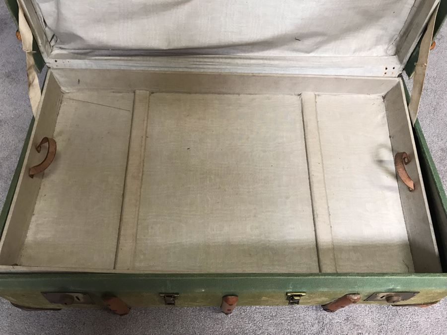 Vintage Canvas, Leather And Wooden Railroad Suitcase Luggage Baggage With Railway Stickers 37”W X 22”D X 14”H [Photo 20]