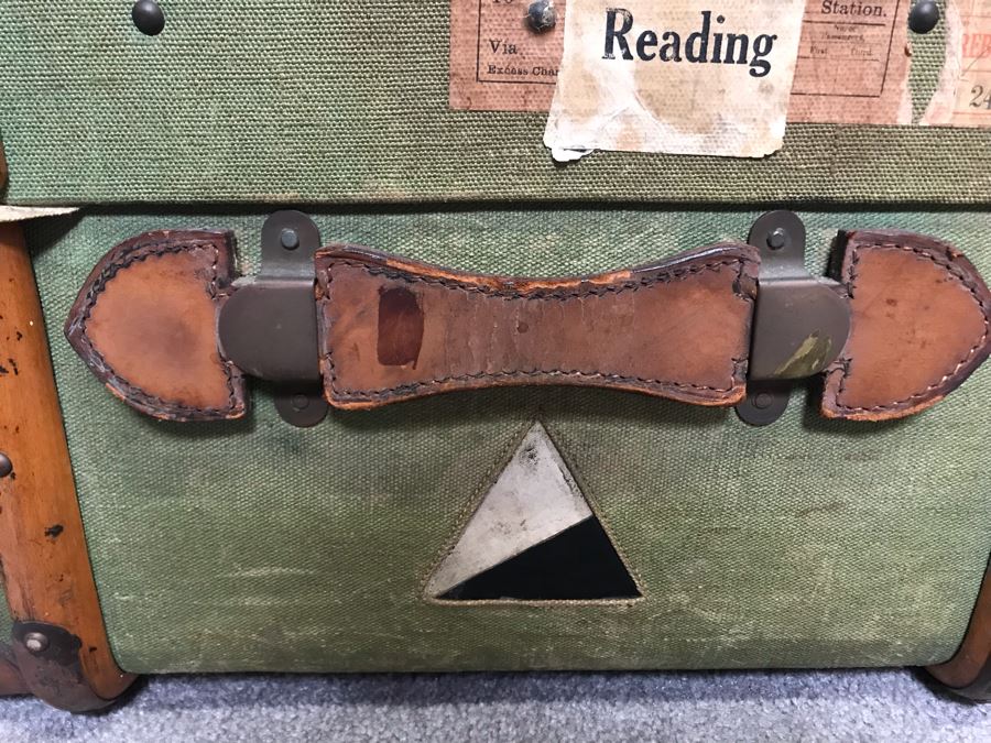 Vintage Canvas, Leather And Wooden Railroad Suitcase Luggage Baggage With Railway Stickers 37”W X 22”D X 14”H [Photo 9]