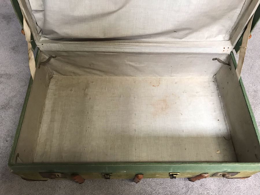 Vintage Canvas, Leather And Wooden Railroad Suitcase Luggage Baggage With Railway Stickers 37”W X 22”D X 14”H [Photo 21]