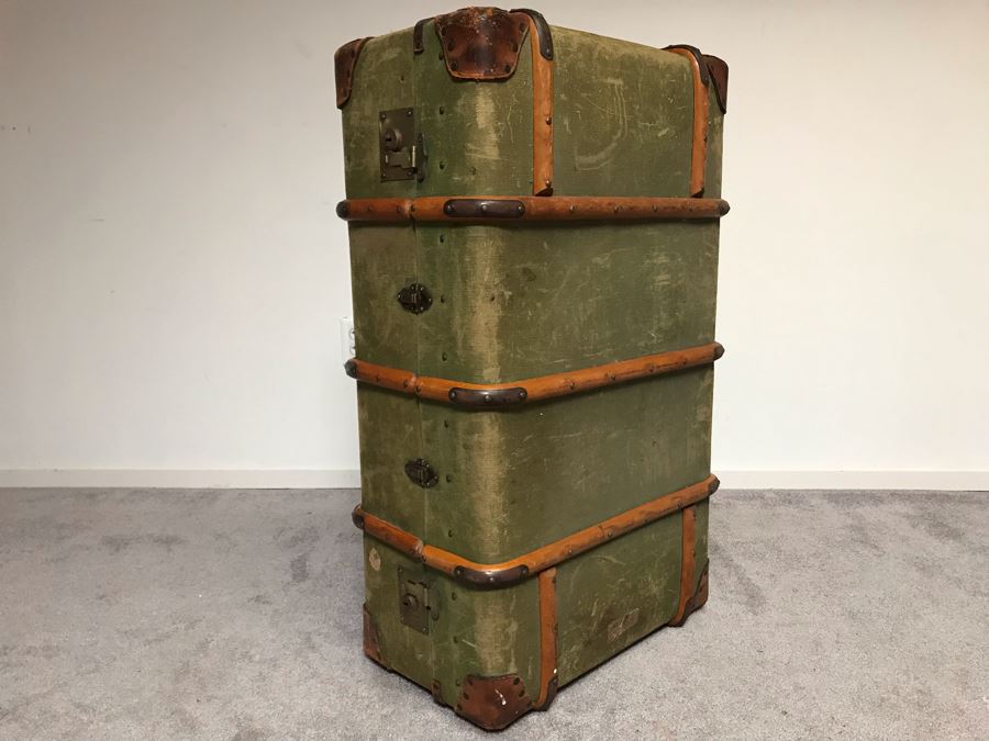Vintage Canvas, Leather And Wooden Railroad Suitcase Luggage Baggage With Railway Stickers 37”W X 22”D X 14”H [Photo 15]