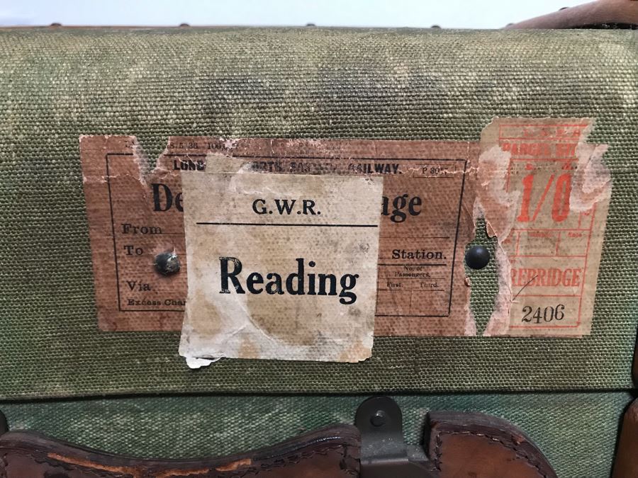 Vintage Canvas, Leather And Wooden Railroad Suitcase Luggage Baggage With Railway Stickers 37”W X 22”D X 14”H [Photo 10]