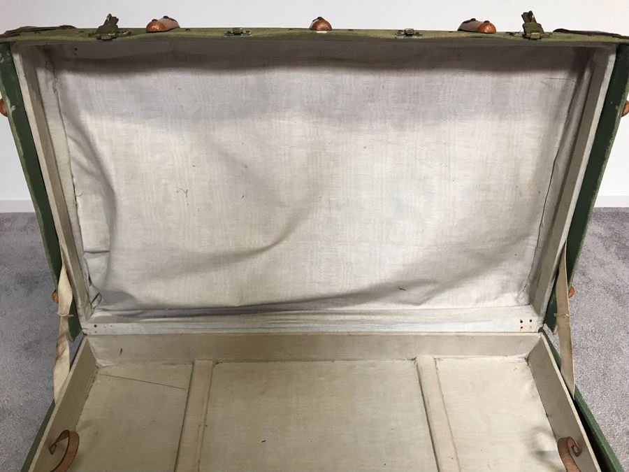 Vintage Canvas, Leather And Wooden Railroad Suitcase Luggage Baggage With Railway Stickers 37”W X 22”D X 14”H [Photo 19]