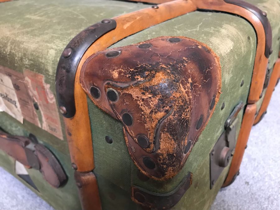 Vintage Canvas, Leather And Wooden Railroad Suitcase Luggage Baggage With Railway Stickers 37”W X 22”D X 14”H [Photo 6]