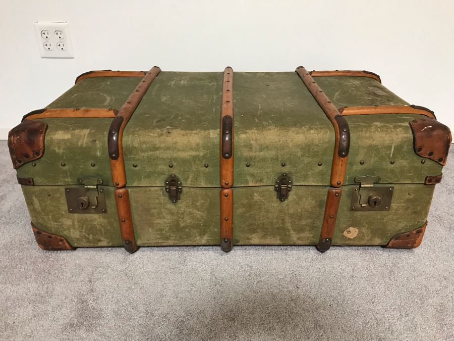 Vintage Canvas, Leather And Wooden Railroad Suitcase Luggage Baggage With Railway Stickers 37”W X 22”D X 14”H [Photo 3]