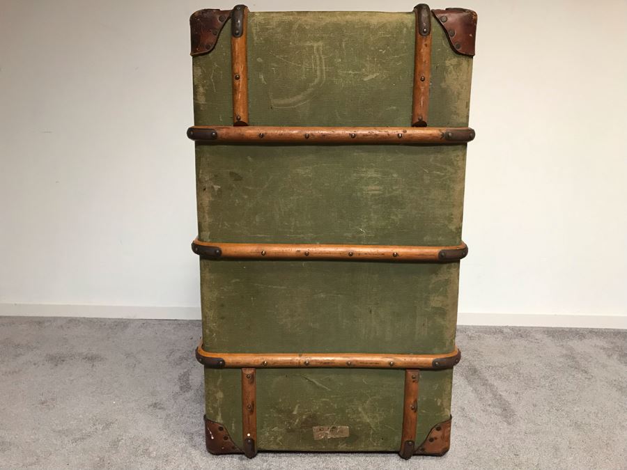 Vintage Canvas, Leather And Wooden Railroad Suitcase Luggage Baggage With Railway Stickers 37”W X 22”D X 14”H [Photo 16]