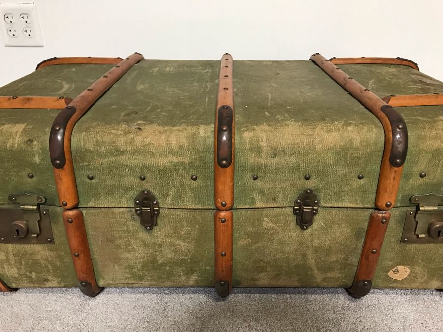 Vintage Canvas, Leather And Wooden Railroad Suitcase Luggage Baggage With Railway Stickers 37”W X 22”D X 14”H [Photo 4]