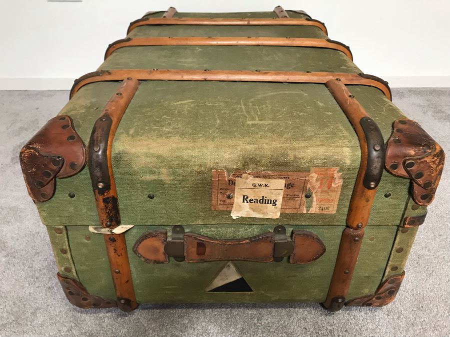 Vintage Canvas, Leather And Wooden Railroad Suitcase Luggage Baggage With Railway Stickers 37”W X 22”D X 14”H [Photo 7]