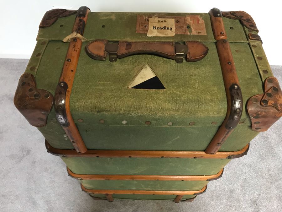 Vintage Canvas, Leather And Wooden Railroad Suitcase Luggage Baggage With Railway Stickers 37”W X 22”D X 14”H [Photo 17]