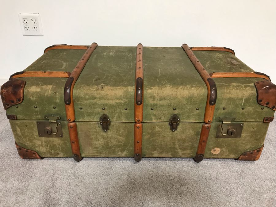 Vintage Canvas, Leather And Wooden Railroad Suitcase Luggage Baggage With Railway Stickers 37”W X 22”D X 14”H [Photo 2]