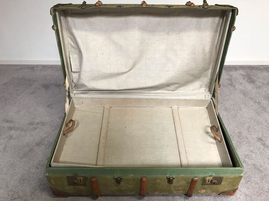 Vintage Canvas, Leather And Wooden Railroad Suitcase Luggage Baggage With Railway Stickers 37”W X 22”D X 14”H [Photo 18]