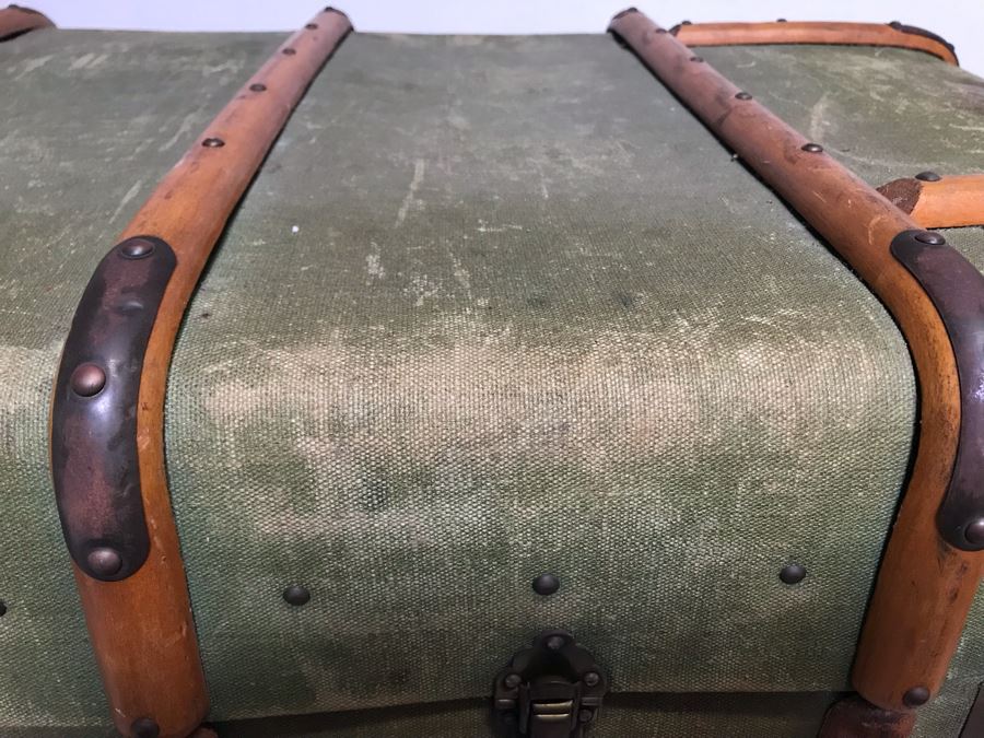 Vintage Canvas, Leather And Wooden Railroad Suitcase Luggage Baggage With Railway Stickers 37”W X 22”D X 14”H [Photo 23]