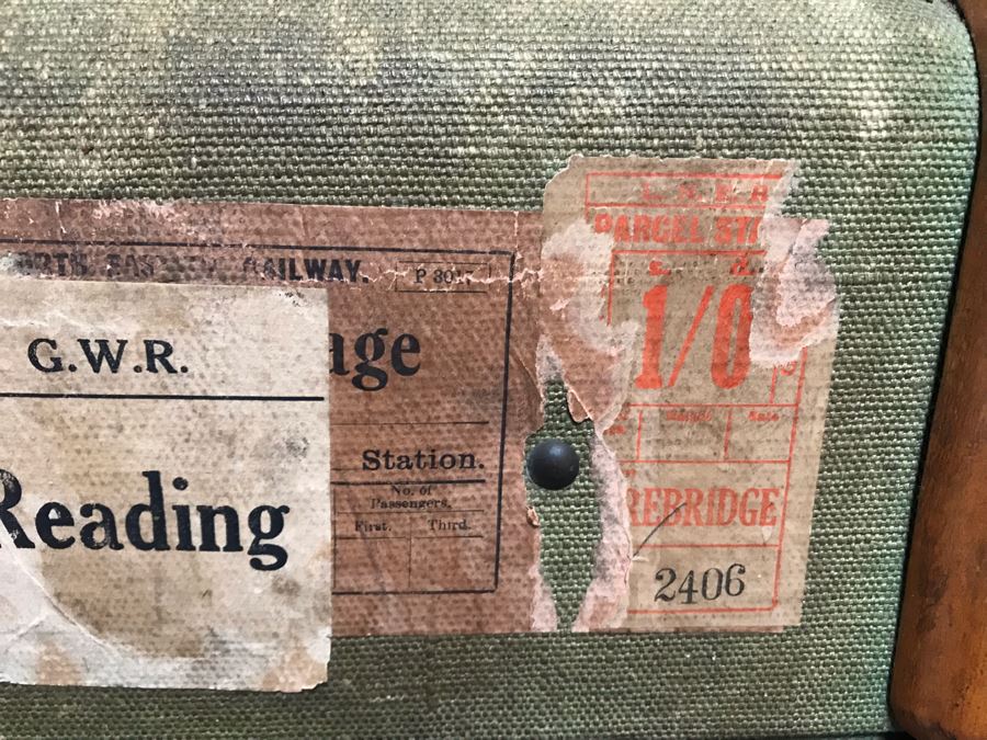Vintage Canvas, Leather And Wooden Railroad Suitcase Luggage Baggage With Railway Stickers 37”W X 22”D X 14”H [Photo 12]