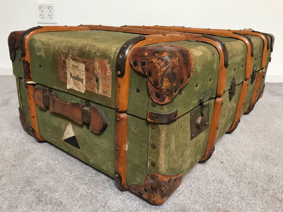 Vintage Canvas, Leather And Wooden Railroad Suitcase Luggage Baggage With Railway Stickers 37”W X 22”D X 14”H [Photo 5]