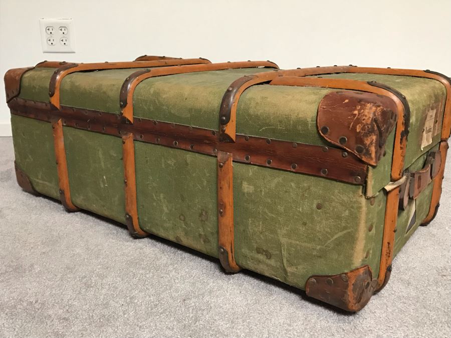 Vintage Canvas, Leather And Wooden Railroad Suitcase Luggage Baggage With Railway Stickers 37”W X 22”D X 14”H [Photo 14]